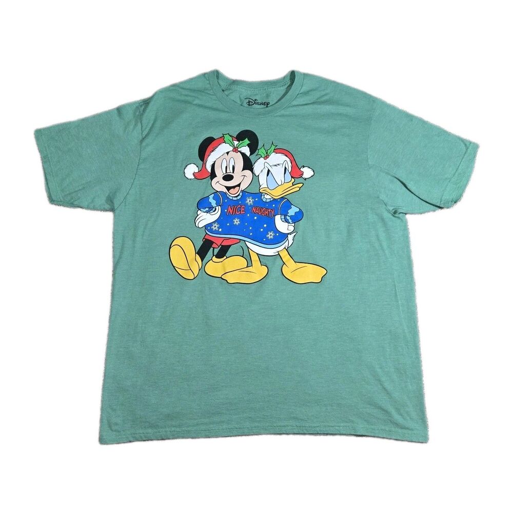Mickey Mouse Donald Duck Naughty Nice Christmas Green Shirt Womens 2X